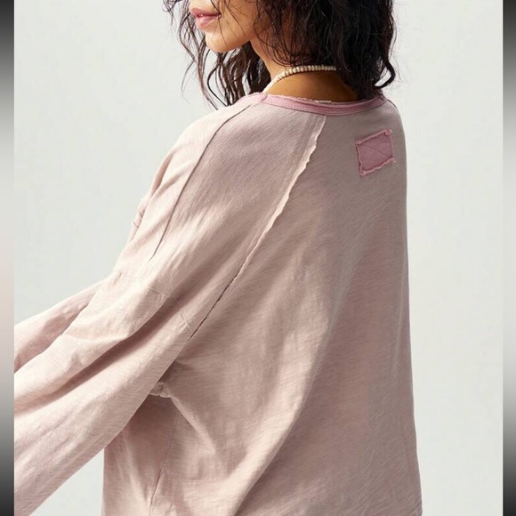 Floral patchwork top tee long sleeve light blush rose pink distressed wide NWT - Picture 3 of 5